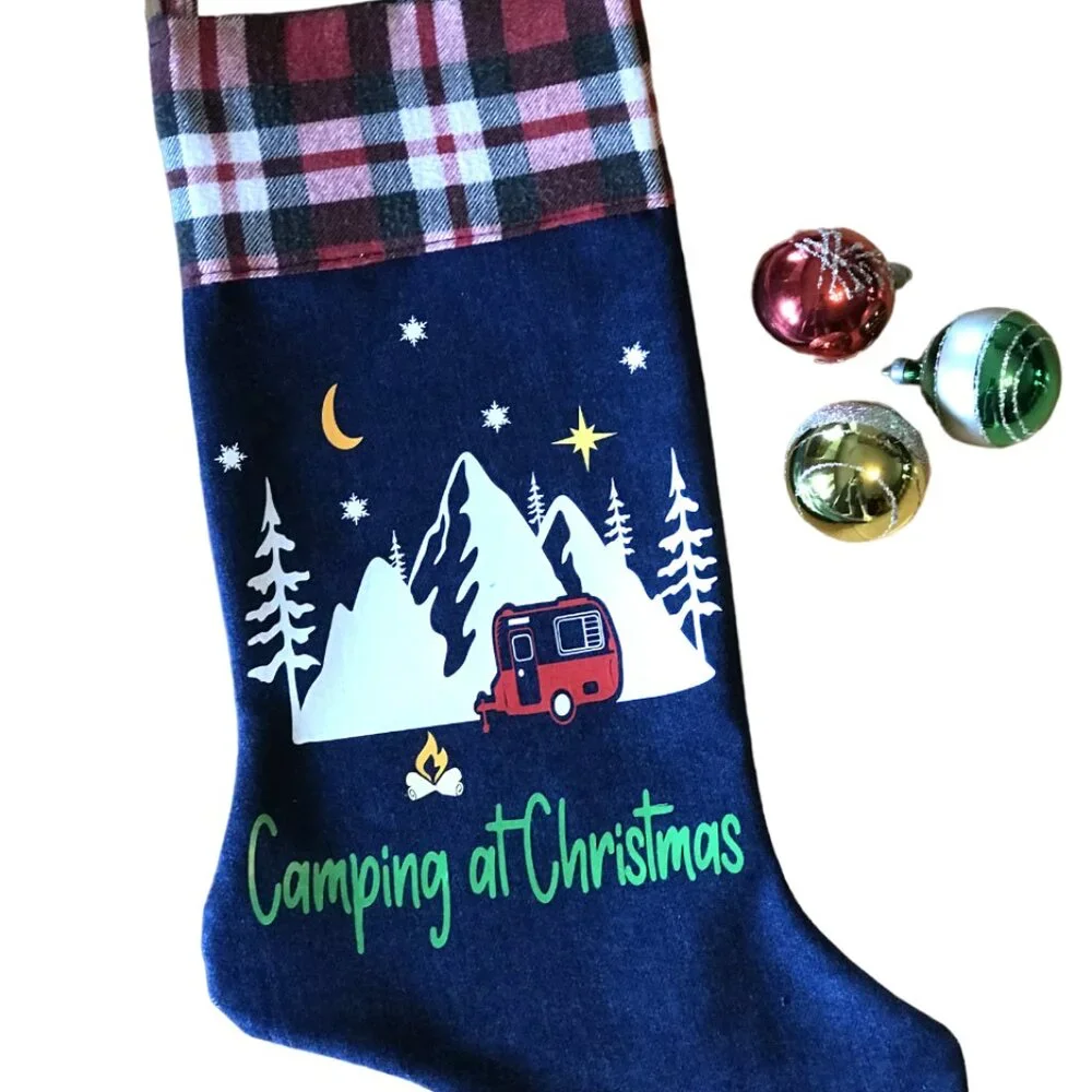 Handmade Denim Christmas Stocking, Mountains Cabin Decor Camping Fishing M-L